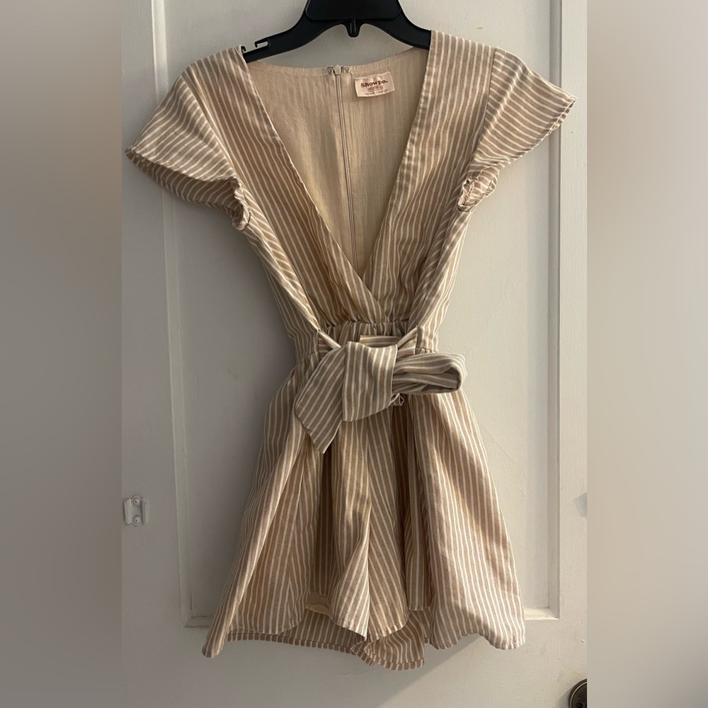 Showpo Top It Off Tie Front Playsuit In Beige Stripe Size 2
